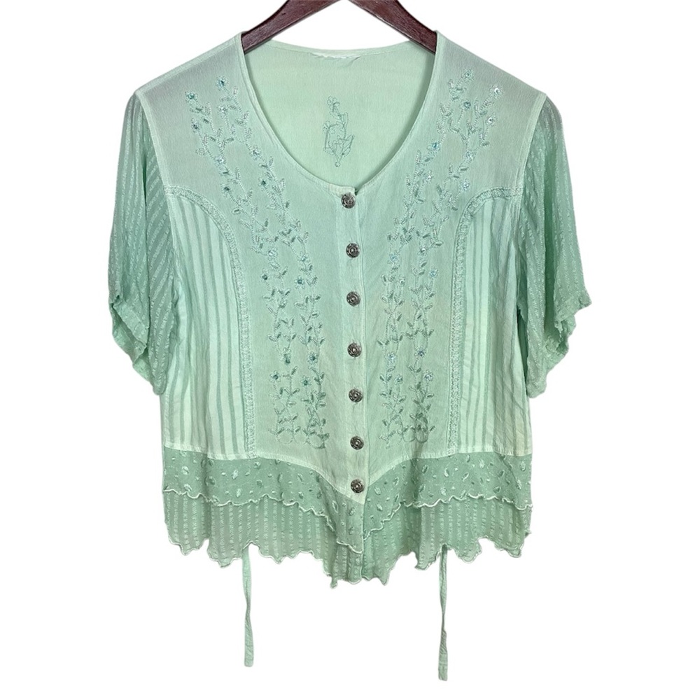 Mint Green Women's Elegant Beaded Button Down Top
